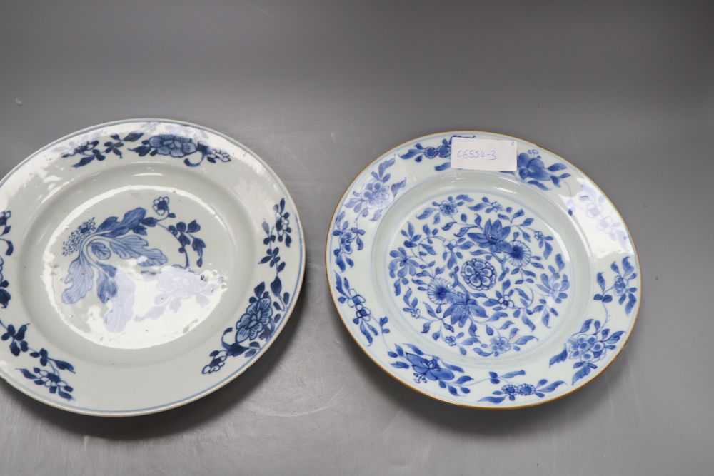 Two Chinese blue and white export plates, a blue and white miniature vase, a dish and bowl